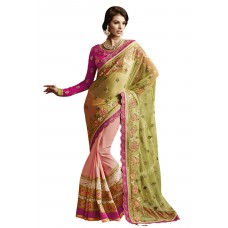 Triveni Exquisite Peach Colored Embroidered Net Georgette Saree